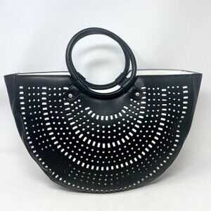 C EST 1946 Purse Bag Large Black Half Circle Perforated Black White + Strap